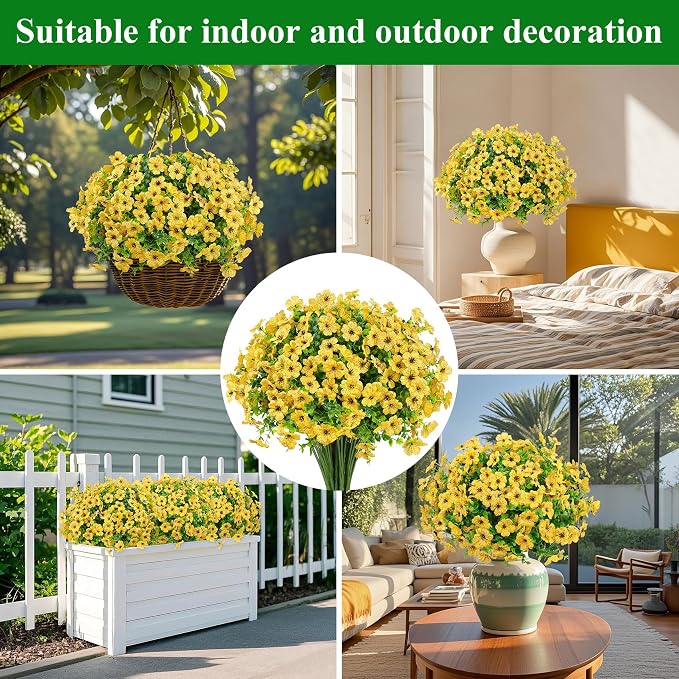 Ouddy Decor 12 Pcs Artificial Flowers for Outdoors Decorations, Yellow | Lifelike silk flowers, UV resistant, faux plastic plants, for garden porch window table vase home indoor outdoor decor