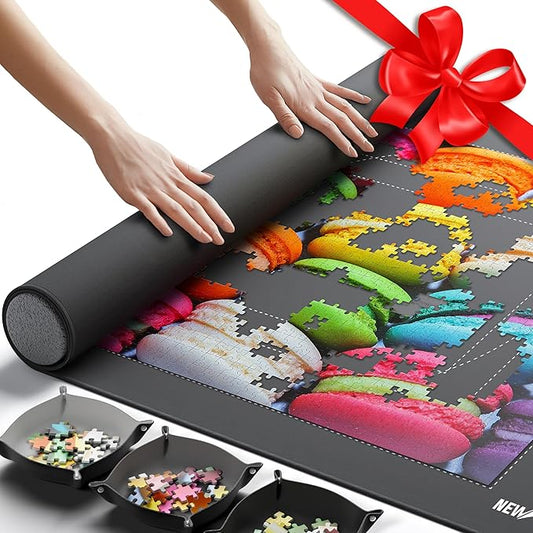 Newverest Jigsaw Puzzle Mat Roll Up, Saver Pad 39.4” x 23.6” Portable Keeper Up to 1000 Pieces with Non-Slip Rubber Bottom and Polyester Top + 3 Puzzle Sorting Trays, Travel-Friendly Storage Bag