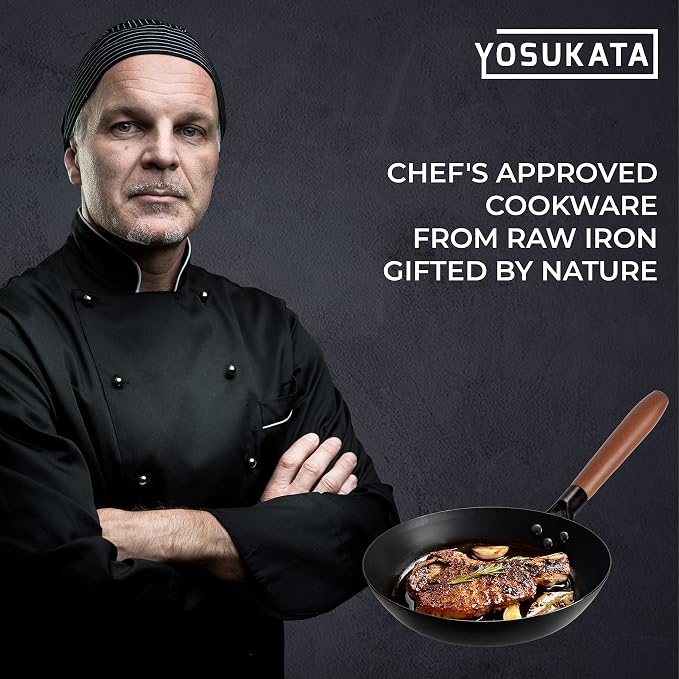 YOSUKATA 11.8" Carbon Steel Frying Pan – Non-Toxic Pre-Seasoned Skillet with Removable Wooden Handle – Coating-Free Wok-Style Pan for Gas, Induction, Electric, Oven & Grill BBQ