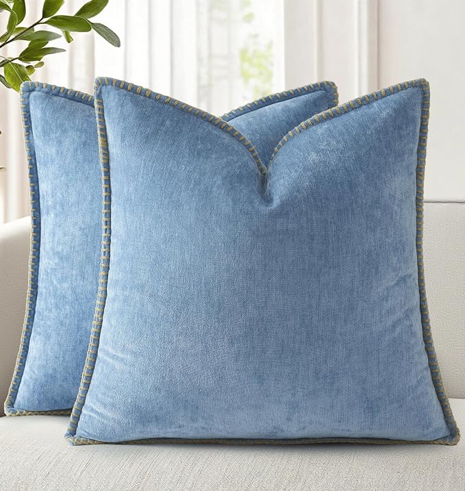 decorUhome Soft Chenille Throw Pillow Covers 18x18 Set of 2 Blue | Fall Textured Decorative Throw Pillow Cases Stitched Edge Modern Farmhouse Luxury Boho Velvet for Couch Sofa Bed Home Decor