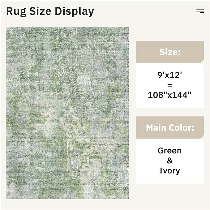 Soalmost 9x12 Area Rugs for Living Room Washable Rug Abstract Green/Ivory | Non-Slip Large Modern Carpet for Dining Bedroom, Soft Low Pile Lightweight Foldable Floor Mat Nursery Home Office Decor