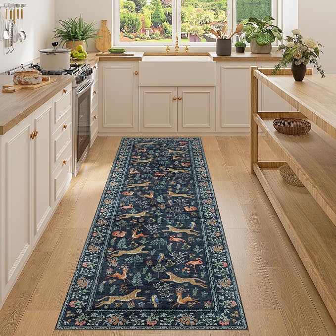 DUKINO 2x7 Runner Rug for Hallway, Washable Kitchen Rugs Non Slip Navy Blue | Low Pile, Stain Resistant, Animal Indoor Carpet Runner for Hallway, Entryway, Bedroom, Bathroom, Lightweight, Pet Friendly