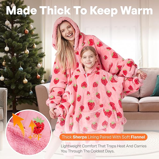 Giggling Getup Wearable Blanket Hoodie for Girls and Boys Warm Cozy Sherpa Fleece Hooded Blanket Sweatshirt Oversized Hoodie with Giant Pocket & Sleeves for Kids Strawberry