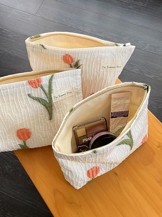 The Summer Swan | Large Aesthetic Makeup Bag Preppy Skincare Organizer Floral Mid-day Clutch Period Kit Hygiene Cute (Tulip)