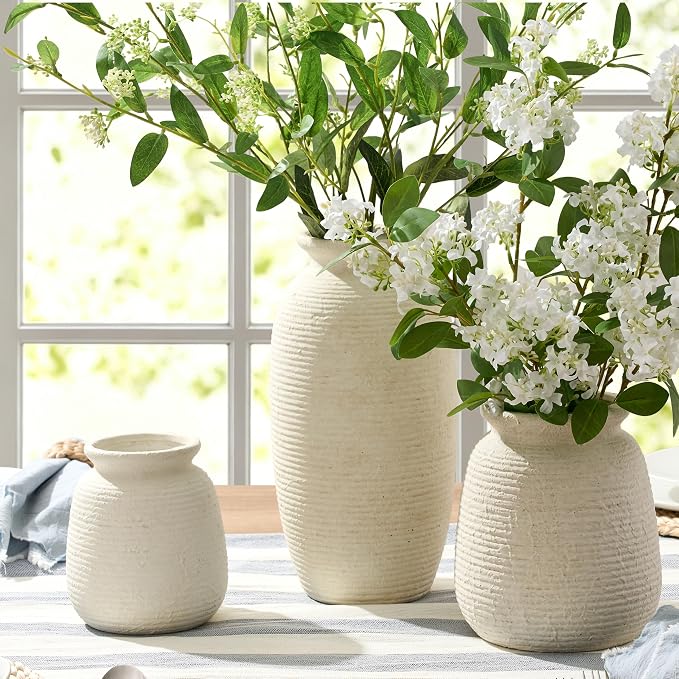 Ceramic Flower Vase, Small Rustic Farmhouse Vases Home Decor, Short Pottery Decorative Pampas Vase for Table Living Room Entryway Mantel Bookshelf Bedroom Bathroom Kitchen - 6" W