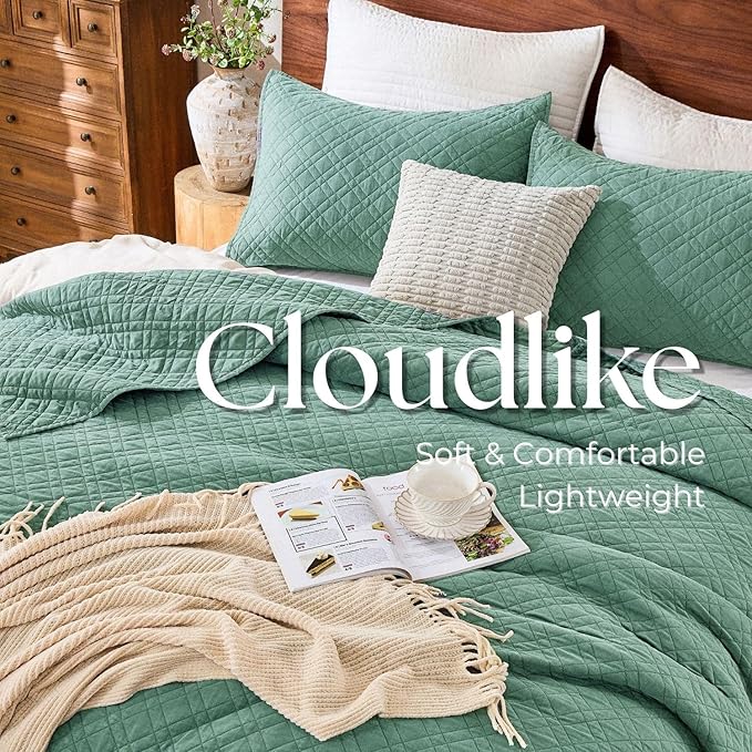 Cali King Quilt Set with Shams Lightweight Quilted Bedspread Coverlet Thin Comforter Bed Cover Vintage Washed Quilted Blanket for All Season, Brushed Microfiber Diamond Stitching, Green, 111"x92"