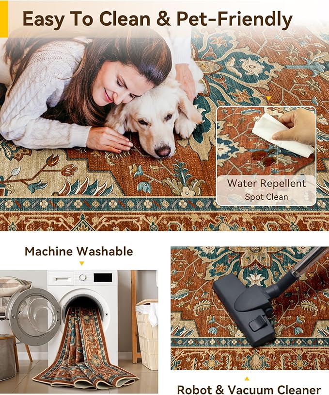 RELEANY Area Rugs 3'x4' Washable Non-Slip, Floral Vintage Distress Medallion Carpet for Living Room Bedroom Dining Room, Red Orange Blue Brown