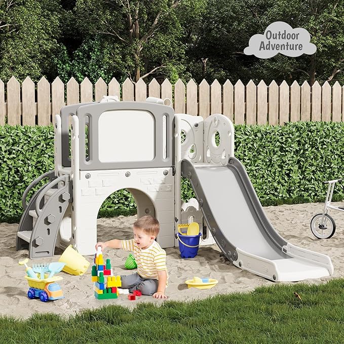 Garvee 8-in-1 Toddler Slide Indoor & Outdoor Playground Playset for Kids-Includes Climber, Basketball Hoop, Telescope, Tunnel, and Storage Space for Backyard & Courtyard Fun