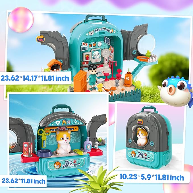 SMILESSKIDDO Pet Carrier Backpack Toy, 3 in 1 Pet Care Playset, Pretend Play Pet Hospital Accessories & Hair Dryer Toy, Cat Role Play Set for Boys Ages 3+