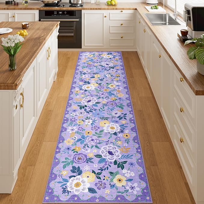 DUKINO 2x8 Runner Rug, Washable Runner Rug for Kitchen Non Slip, Purple | Low Pile, Floral, Soft Indoor Rug for Hallway, Entryway, Bedroom, Bathroom, Pet Friendly, Stain Resistant, Modern Home Decor