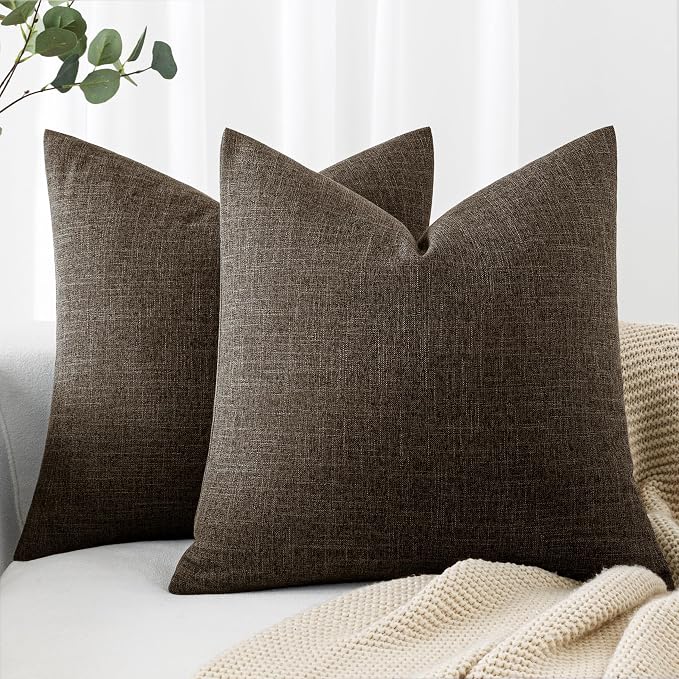 MIULEE Pack of 2 Linen Textured Pillow Covers, 18x18 Inch Dark Brown | Decorative Burlap Throw Pillowcases, Neutral Boho Farmhouse Accent Home Decor for Sofa Couch Bedroom Living Room