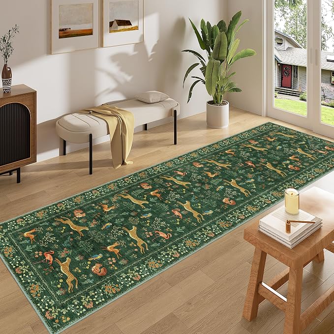 DUKINO 2x8 Washable Runner Rug, Non Slip Animal Kitchen Runner Rug, Green | Soft, Low Pile, Non-Shedding Indoor Carpet Runner for Hallway, Entryway, Bedroom, Bathroom, Pet Friendly, Stain Resistant