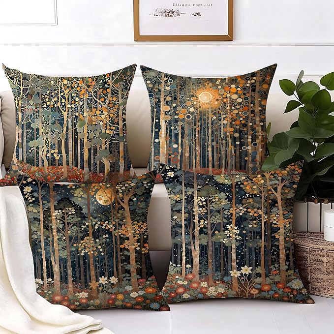 Rustic William Morris Inspired Autumn Forest Pillow Covers 20x20 Set of 4, Fall Home Room Decor, Vintage Botanical NatureDecorative Throw Pillow Covers for Home Bedroom Living Room