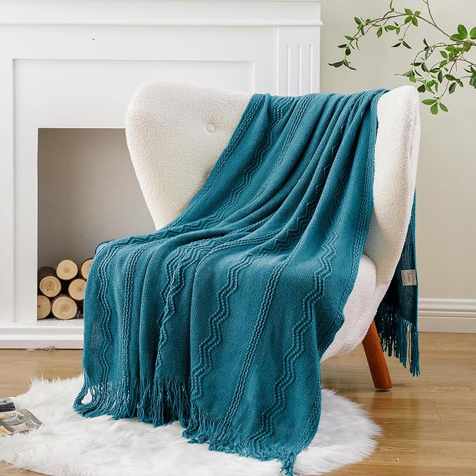 BATTILO HOME Teal Blue Throw Blanket for Couch, 50"x60" | Decorative Teal Throw for Sofa Bed Room, Boho Throw Blanket for Home Decor