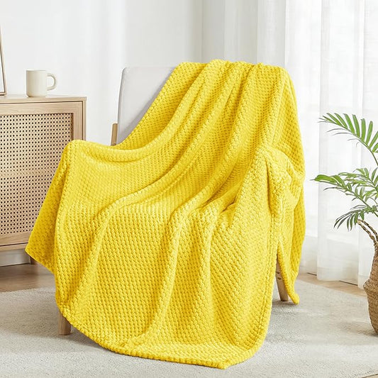 Exclusivo Mezcla Large Waffle Fleece Throw Blanket for Couch, Yellow | Lightweight Soft Blanket for Sofa, Bed, Living Room, Plush Fluffy Throw for Home Decor, Travel, All Season, 50x70 Inches