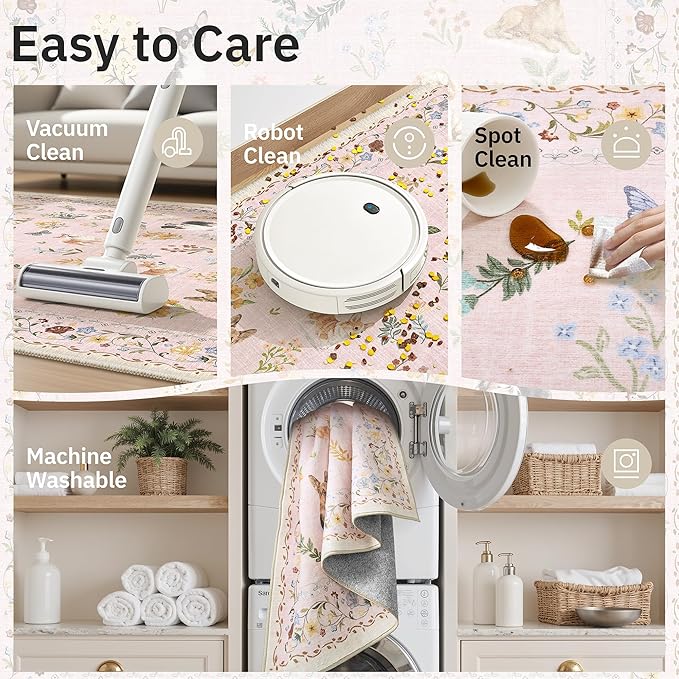 Soalmost Dog 8x10 Pink Area Rugs for Baby Girl Nursery, Washable Soft Rug | Floral Vintage Cute Animal Non-Slip Low Pile Throw Rugs for Living Room Dining Room Bedroom Playroom Classroom 8' x 10'