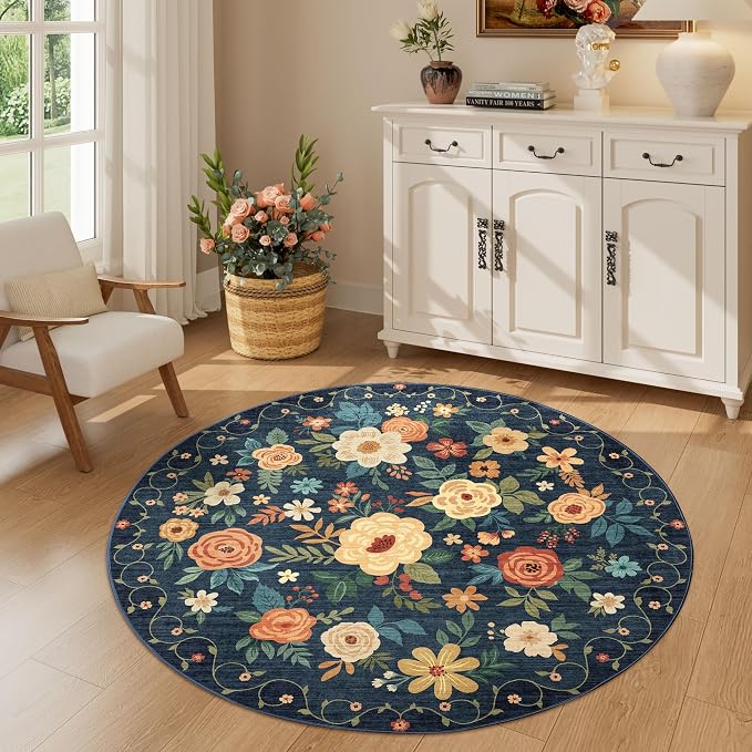 DUKINO 4ft Round Rug, Floral Washable Small Round Area Rug, Navy Blue | Non Slip, Low Pile, Soft Indoor Rug for Kitchen, Bedroom, Living Room, Nursery, Pet Friendly, Home Decor, Stain Resistant