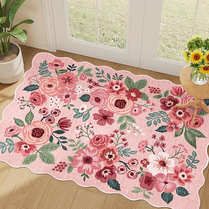 DUKINO 2x3 Rugs for Entryway, Floral Door Mat Washable Kitchen Rugs, Pink | Non Slip, Low Pile, Soft Small Rugs for Entrance, Bedroom, Bathroom, Laundry, Pet Friendly, Non-Shedding, Modern Home Decor