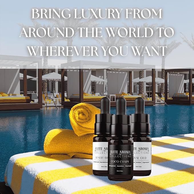 Luxury Hotel Diffuser Oil - Elite Aroma Collection Essential Oils - Coco Charm, Desert Breeze, Royal Oud (3-Pack, 10ml Each) - Premium Hotel-Inspired