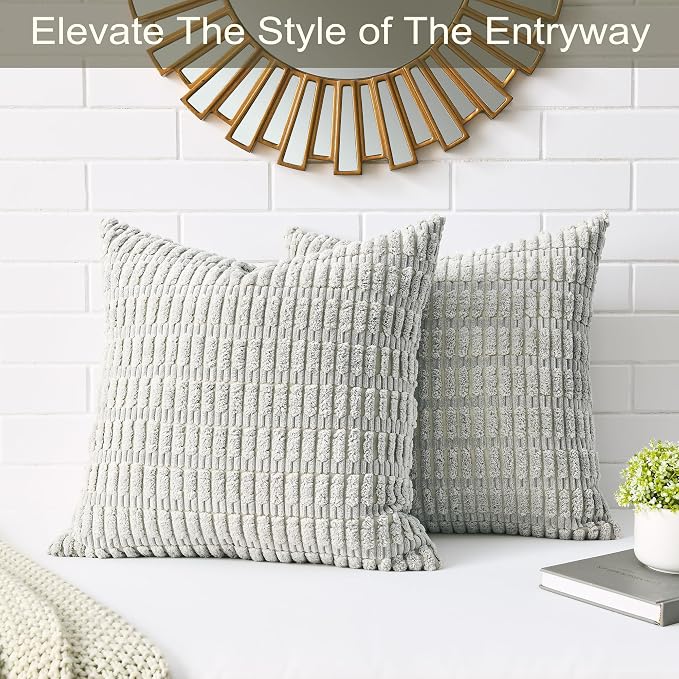 Volcanics Pack of 2 Light Grey Decorative Throw Pillow Covers 18x18 Inch | Soft Corduroy Striped Square Cushion Cases, Modern Farmhouse Boho Home Decor for Couch Bed Sofa Living Room