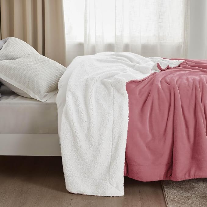 Bedsure GentleSoft Sherpa Fleece Blanket Queen Size for Bed, Non-Heated, Thick and Warm Throw for Women and Men, Soft Fuzzy Plush Queen Blanket for Winter, Dusty Rose, 90x90 Inches