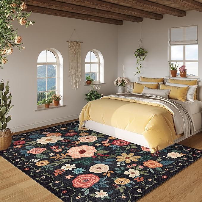 DUKINO 8x10 Area Rugs, Floral Washable Living Room Rug Non Slip, Black | Low Pile, Stain Resistant, Soft Indoor Large Carpet for Bedroom, Dining Rom, Kids Playroom, Pet Friendly, Modern Home Decor
