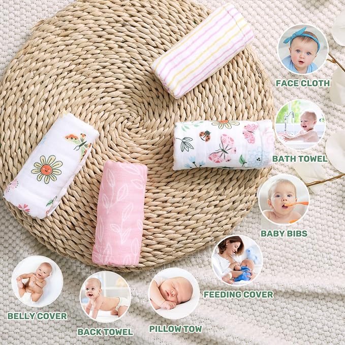 Viviland Baby Muslin Burp Cloths, Super Absorbent Washcloths for Baby Girl and Boy, 10 x 20 inches 6-Layer Baby Bath Towels, Flowers & Butterflies 4 Pack