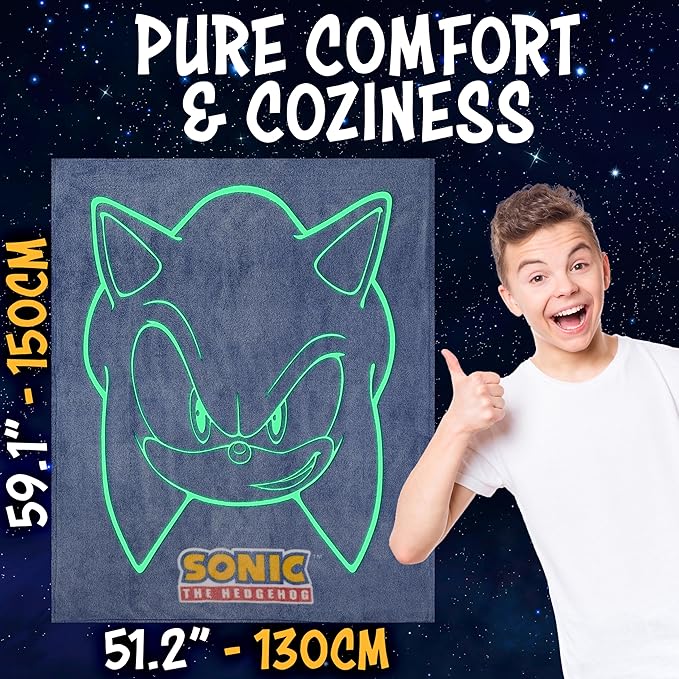 Sonic The Hedgehog Glow in The Dark Throw Blanket 51x59” for Kids, Soft Fleece Throw Blanket for Sofa Bed, Gamer Gifts for Kids (Blue Sonic)
