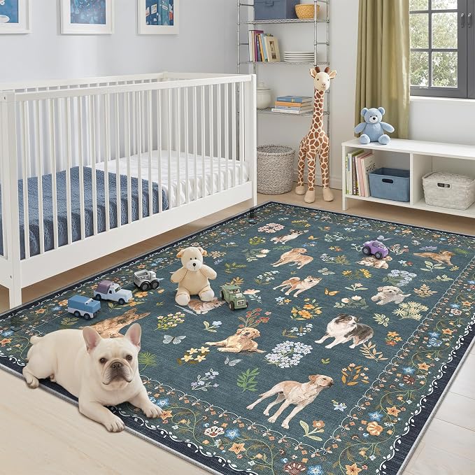 Soalmost Dog 6x9 Area Rugs for Living Room, Washable Soft Rug Navy Blue | Floral Vintage Non-Slip Low Pile Cute Animal Throw Rugs for Kitchen Dining Room Bedroom Nursery Playroom 6' x 9'