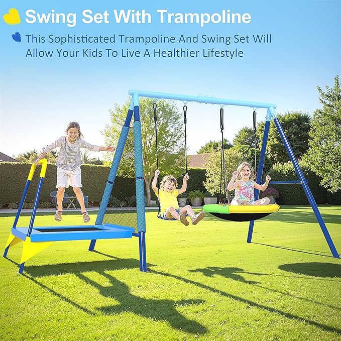 JYGOPLA 440lbs Kids Swing Set, 3-in-1 Outdoor Playground with Saucer Swing, Belt Seat & 4ft Trampoline, Heavy Duty A-Frame Metal Stand & Safety Stakes, Backyard Playset for Toddlers 3-8 Years Old