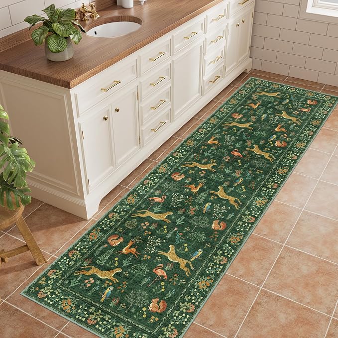 DUKINO 2.6x8 Rug for Hallway, Washable Kitchen Runner Rug Non Slip, Green | Low Pile, Stain Resistant, Soft Animal Indoor Carpet Runner for Entryway, Bedroom, Bathroom, Laundry, Lightweight, Home Decor
