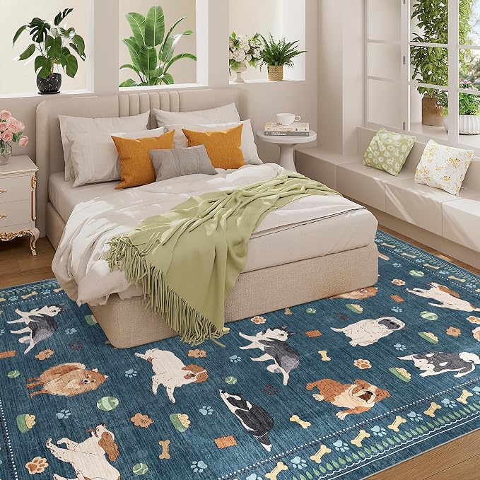 DUKINO 6x9 Washable Dog Area Rug for Living Room Non Slip, Blue | Non-Shedding, Stain Resistant, Soft Animal Carpet for Bedroom Kids Playroom Nursery Dining Room Farmhouse, Pet & Kid Friendly