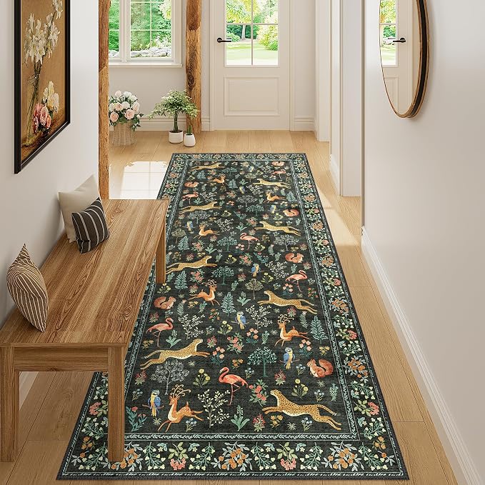 DUKINO 3x7 Hallway Runner Rug, Non Slip Animal Kitchen Runner Rug, Black | Soft, Low Pile, Stain Resistant Indoor Carpet Runner for Entryway, Bedroom, Bathroom, Laundry, Pet Friendly, Home Decor