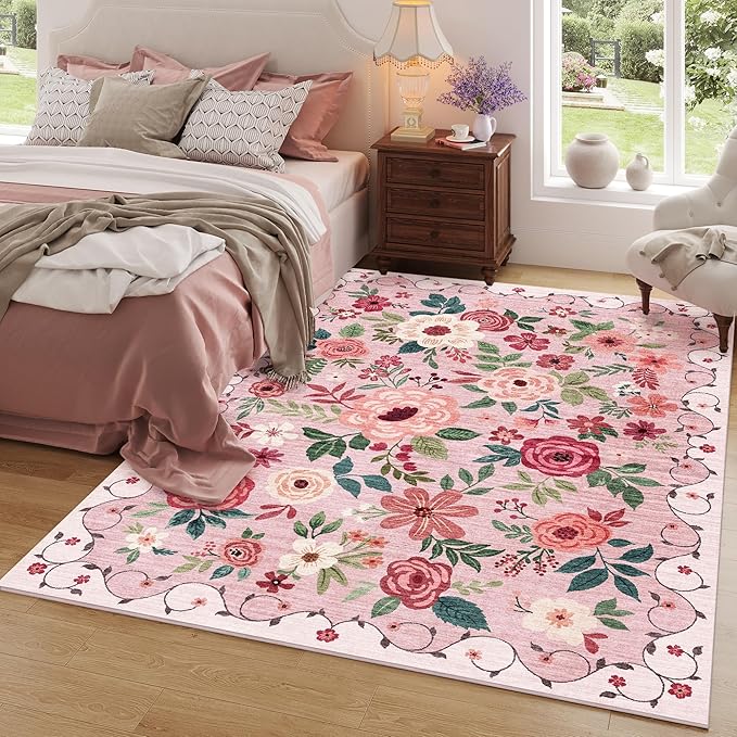 DUKINO 6x9 Area Rugs, Floral Washable Rug for Bedroom Non Slip, Pink | Soft, Low Pile, Large Indoor Rug for Living Room, Dining Room, Kids Room, Office, Pet Friendly, Home Decor, Stain Resistant