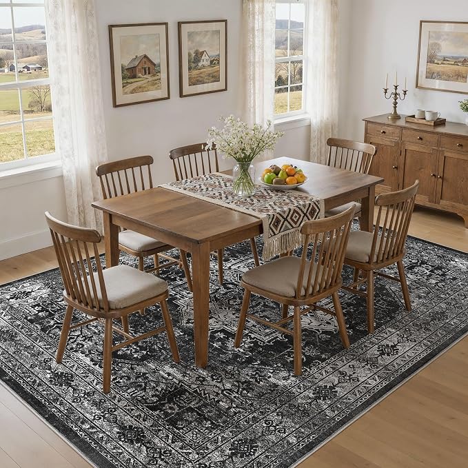 UERMEI 6x9 Area Rug Living Room Rugs - Washable Vintage Soft Large Rug Indoor Floor No Slip Rug Carpet for Bedroom Farmhouse Under Dining Table Home Office Decor - Black