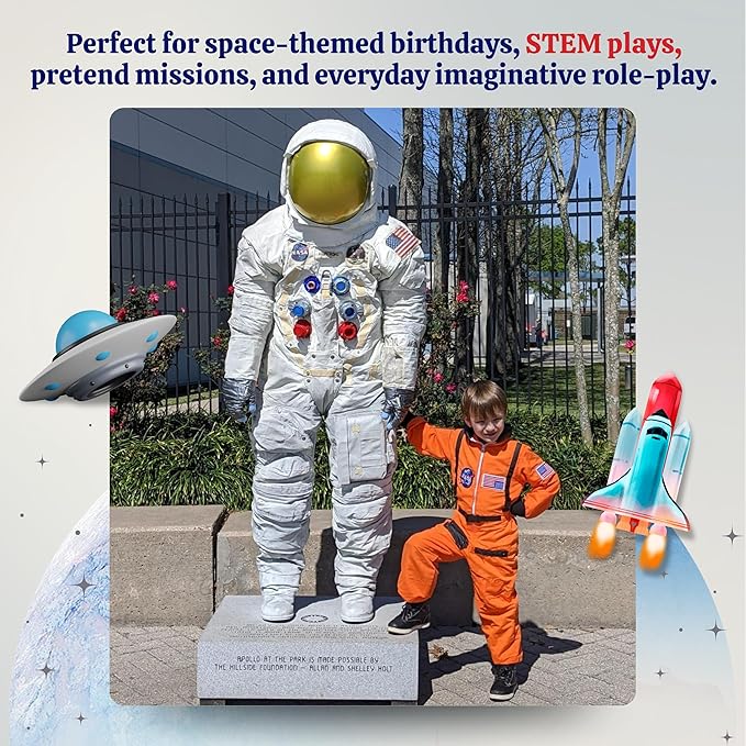 Dress Up America Kids NASA Astronaut Costume – Orange Space Suit with Cap – Realistic Halloween & Dress-Up Outfit