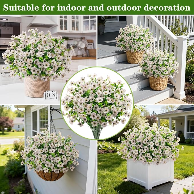 Ouddy Decor 12 Pcs Artificial Flowers for Outdoors Decorations, White | Lifelike silk flowers, UV resistant, faux plastic plants, for garden porch window table vase home indoor outdoor decor