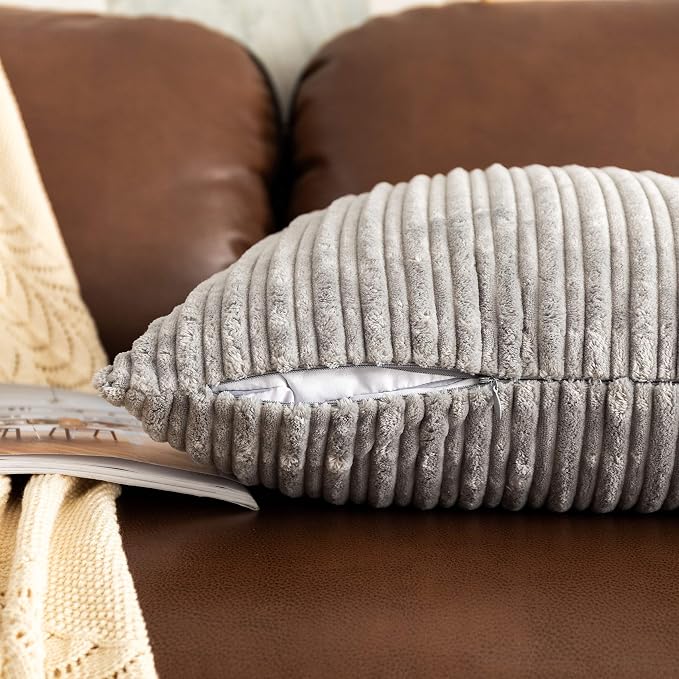 UGS UGASA Super Soft Plush Corduroy Solid Textured Large Throw Euro Pillow Sham Cushion Cover for Couch Floor, 2 Packs, 24 x 24(61 cm), Light Grey