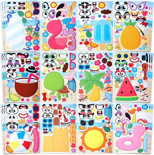 JOYIN 36 Pcs 9"x6" Summer Make a face Stickers for Kids, Make Your Own Hawaii Pool Beach Sticker Sheets, Luau Craft Party Decor, Summer Holiday Party Favors Kids Crafts, Goodie Bags Stuffers