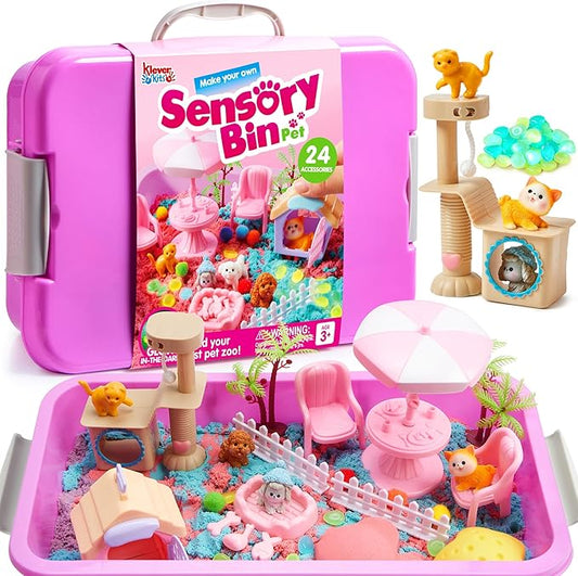 JOVA Klever Kits Cute Pet Sensory Bin for Toddlers with Glow in The Dark Stones, Sandbox with Lid Dual-Color Sand, Preschool Learning Activities Gifts for Boys Girls Age 3+