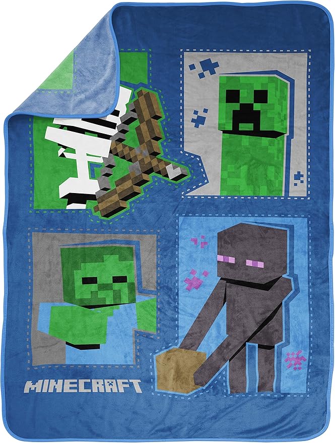 Jay Franco Plush Throw Blanket – 46" x 60" Inch Cartoon Kids Soft & Cozy Fleece Throw for Bedroom & Couch Décor, Official Licensed Product, Blue - Minecraft