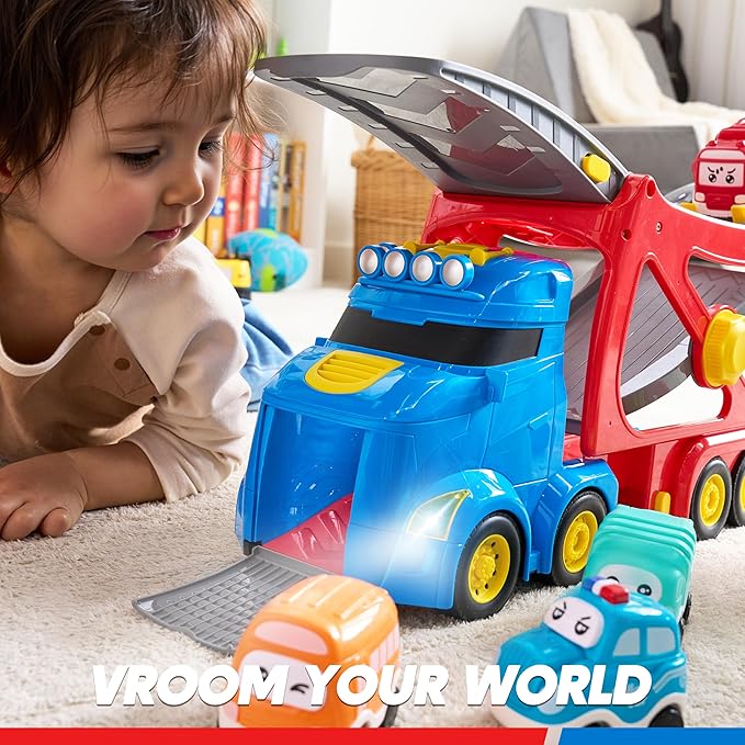 Vroomix Extra Large Toy Trucks for Toddlers, 3-Layer City Trucks for Kids, 7-in-1 Big Transport Carrier Truck with Siren & Lights and 6 Toy Cars, Christmas Birthday Gifts for Boys Girls