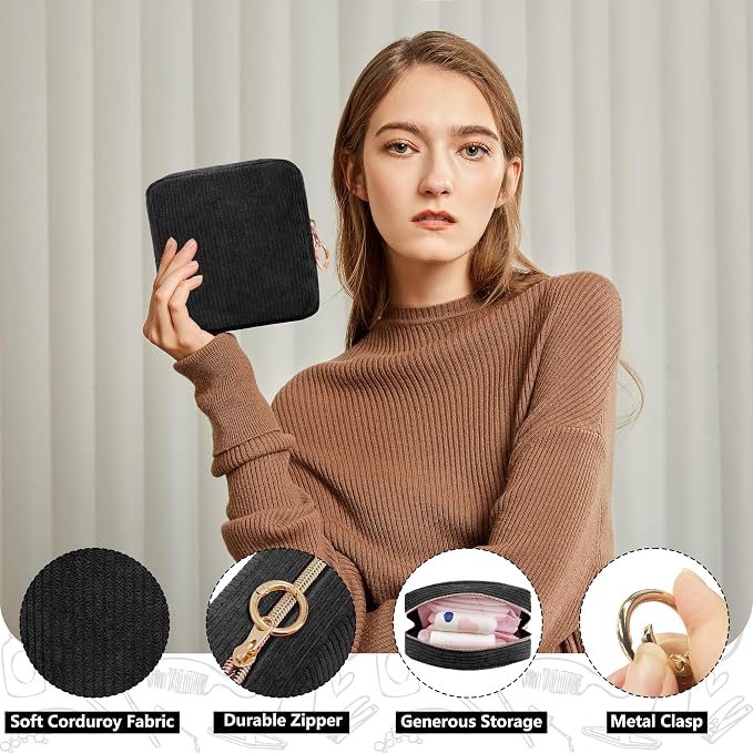 Period Bag for Girls, Corduroy Period Kit with Sanitary Pad Pouch, Menstrual Storage Bag and Tampon Holder for Purse, Girls School Essentials,Feminine Care Organizer(Black)