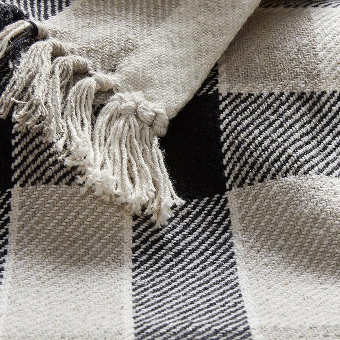 Americanflat 50x60 Throw Blanket - Soft and Breathable Cotton Throw Blanket for Couch, Bed, Chair - Decorative Blankets Perfect for Home, Office, or Outdoor Use - Black, Cream and Beige Plaid Design