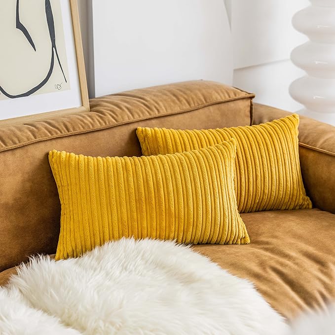 UGASA Velvet Pillow Covers Striped Decorative Throw Pillow Covers Cushion Case with Hidden Zipper for Home Couch/Bedroom, Soft Cozy Solid Square, 1 Piece (12"x20", Primrose Yellow)