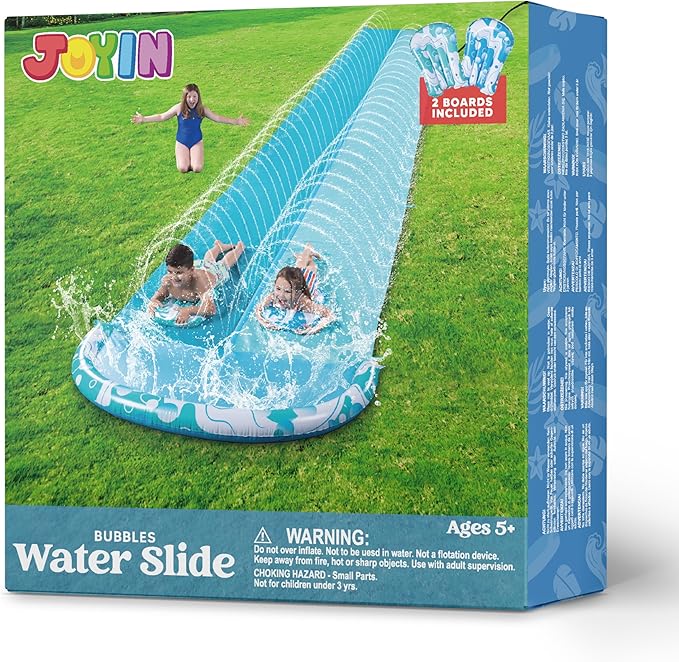 JOYIN 22.5FT Water Slide and 2 Inflatable Boards, Extra Long Heavy Duty Double Lawn Waterslide with Sprinkler for Kids Adults Backyard Summer Water Toy Outdoor Fun, Blue, Light Blue