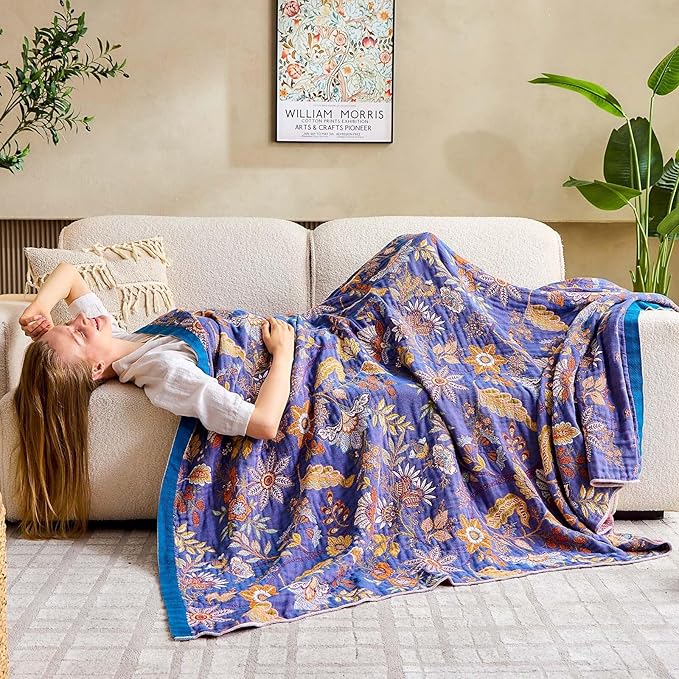 XIBLC Boho Blanket, 100% Cotton Farmhouse Decorative Throw Blanket, 90"x98" Reversible Bohemian Throw Blanket, Purple All Season Muslin Breathable Woven Blankets Quilt