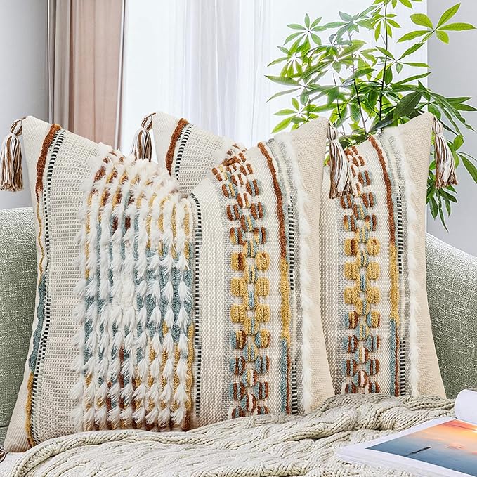Set of 2 Chenille Striped Tufted Textured Boho Throw Pillow Covers Aesthetic with Tassels Woven Decorative Pillow Case for Couch Bed Sofa Bedroom Modern Funky 18 x 18-Inch Brown White
