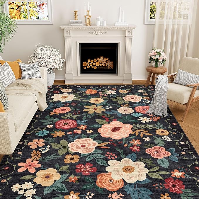 DUKINO 5x8 Area Rug for Bedroom, Soft Floral Washable Rug Non Slip, Black | Low Pile, Non-Shedding Thin Indoor Rug for Living Room, Dining Room, Kids Room, Office, Nursery, Pet Friendly, Home Decor
