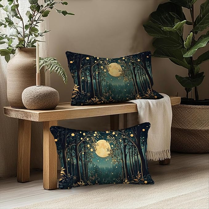 Rustic William Morris Inspired Night Moon Forest Decor Pillow Covers 20x12 Set of 2,Vintage Black and Gold Nature Landscape Botanical Decorative Throw Pillow Covers for Home Bedroom Living Room